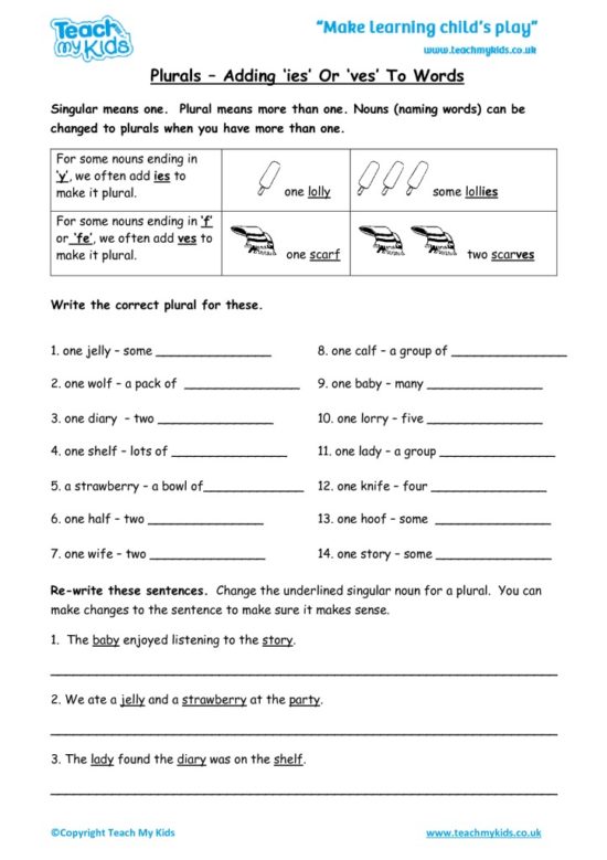 Worksheets for kids - plurals-adding-ies-or-ves-to-words